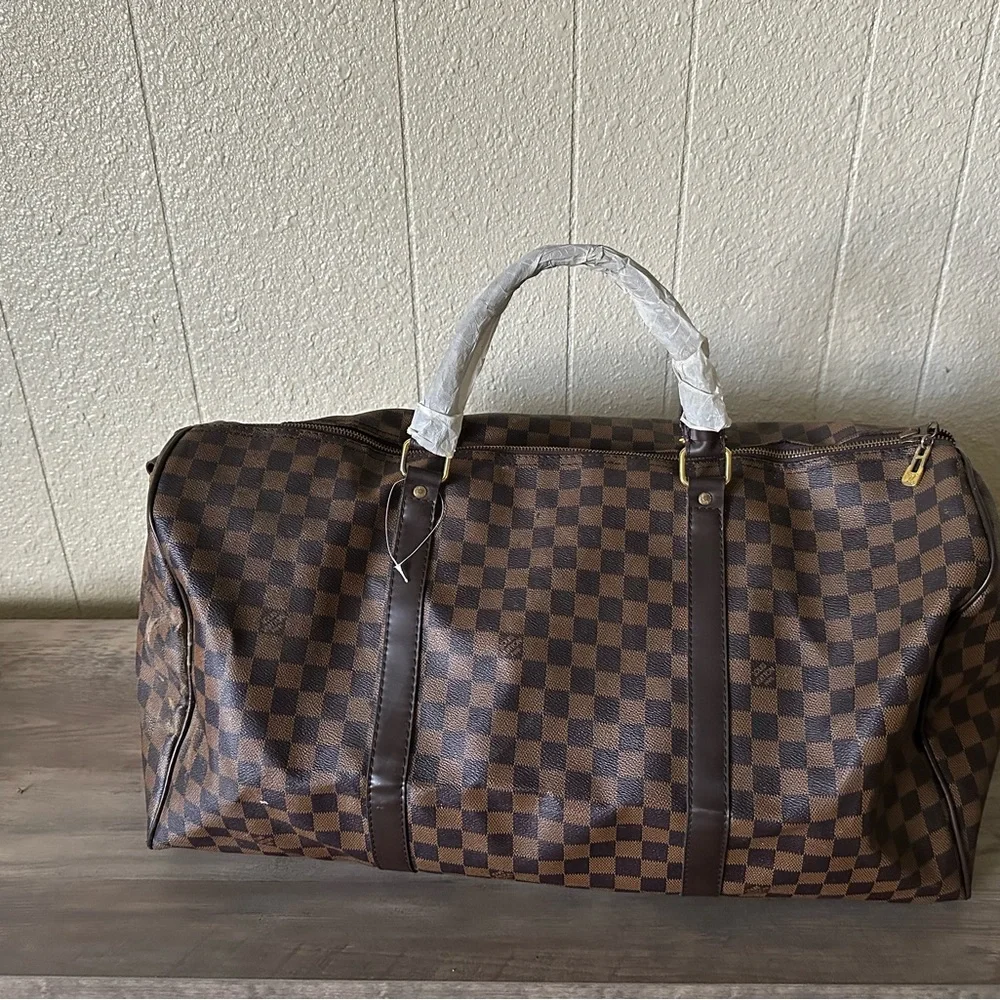 Elegant Checkered Brown Duffel Bag